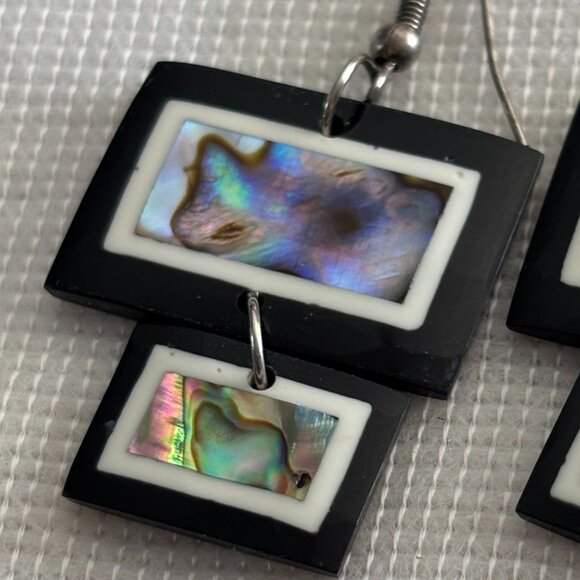 Black Geometric Dangle Earrings w/ Abalone Shell Inlay | Double Rectangle - Picture 2 of 3